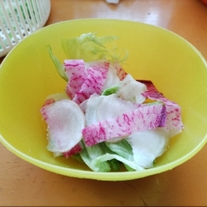 直売所で手に入れた菊芋と赤い大根（ミニトマト買い忘れたので…）で作りました。スライサーでスライスすると食感がいいですね！